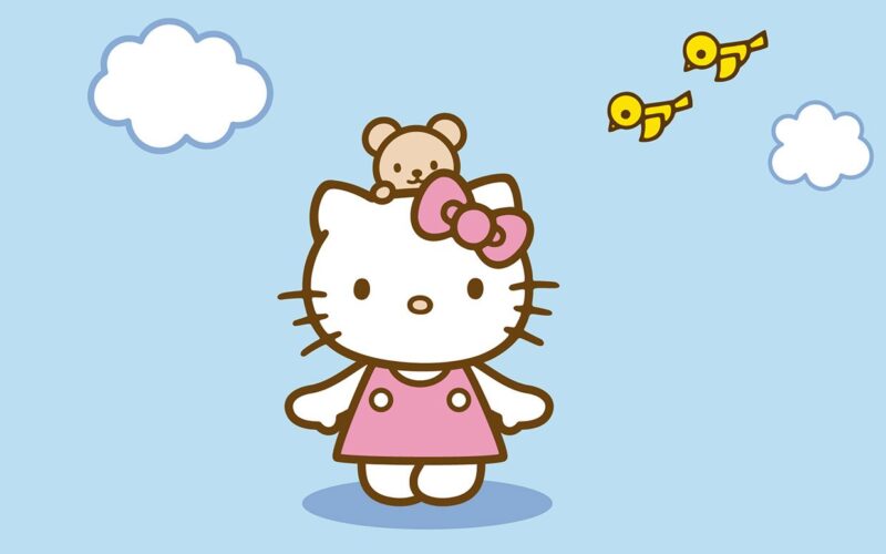 ảnh hello kitty váy hồng nền xanh