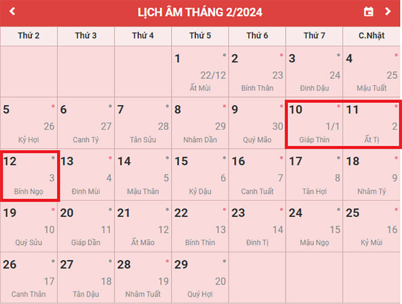 Mùng 1 Tết 2024 là vào Thứ Bảy ngày 10/02/2024