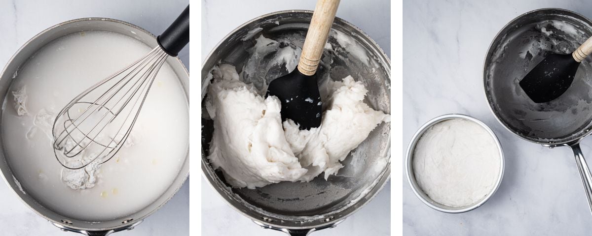 Heating up the rice flour, tapioca flour, salt, and water (rice flour cake batter) in a pan.