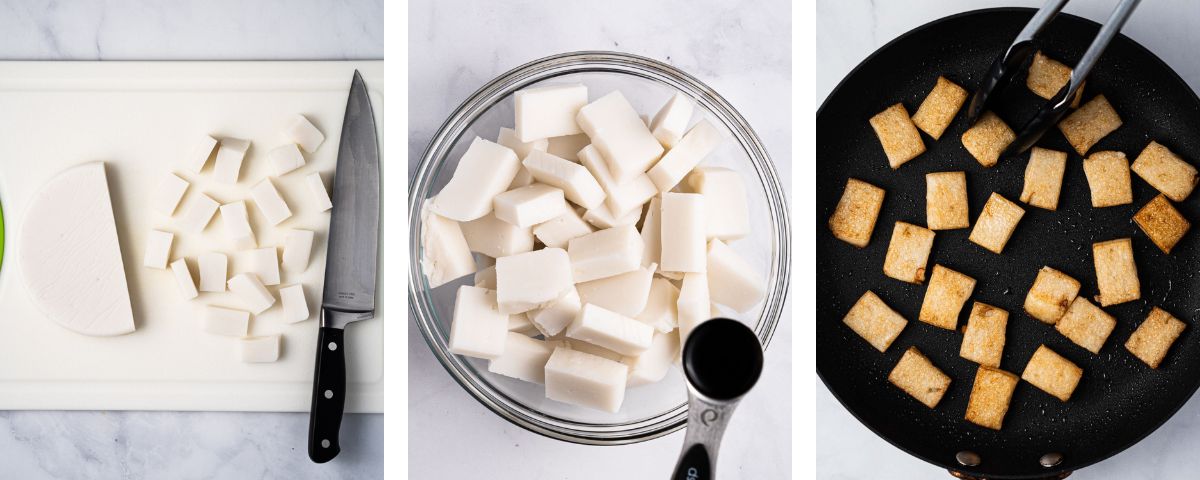 Process of cutting the rice flour cakes into cubes, seasoning the rice flour cakes with soy sauce, and placing them into the pan.