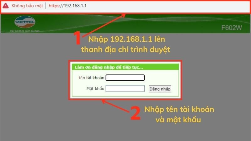 Truy cập trình duyệt web và nhập địa chỉ IP 192.168.1.1 > Nhập tên tài khoản và mật khẩu của modem wifi