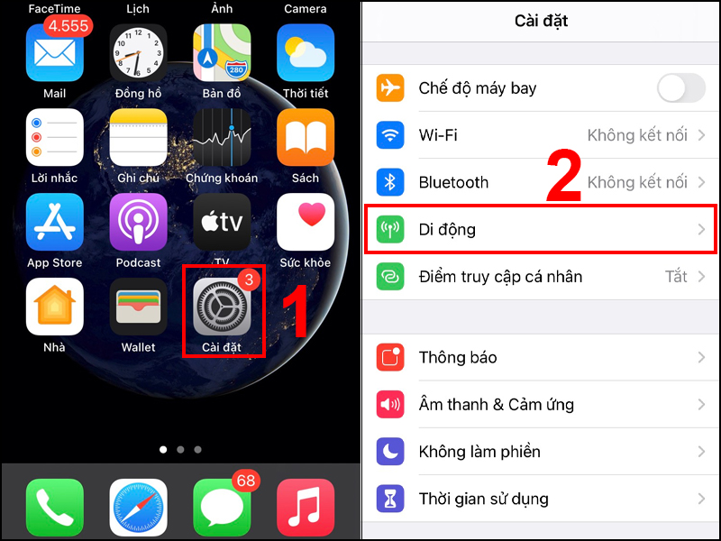 Truy cập vào Cài đặt sau đó vào mục Di Động trên iPhone của bạn