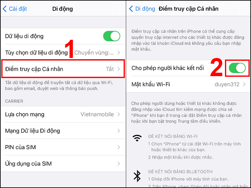 Trượt sang phải tại mục Cho phép người khác kết nối để mở chế độ phát WiFi