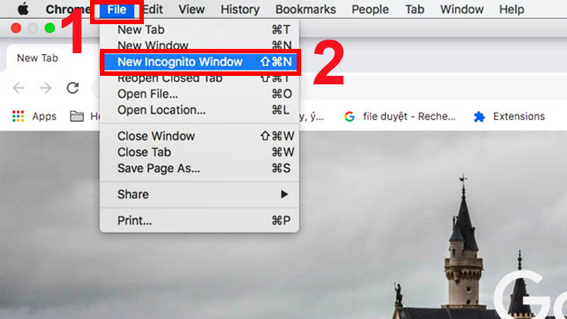 Nhấn vào File và chọn New Incognito Windows
