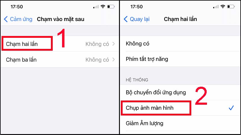 Chọn Chạm vào mặt sau để kích hoặt tính năng Back tap