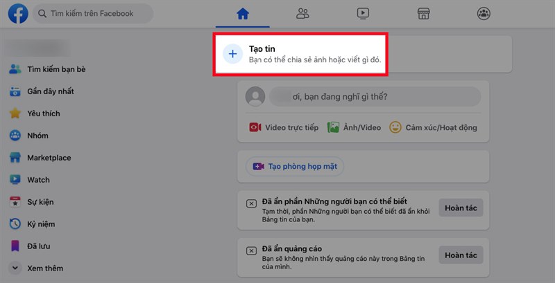 Mở Facebook trên máy tính > Nhấn vào biểu tượng dấu cộng ở mục Tạo tin