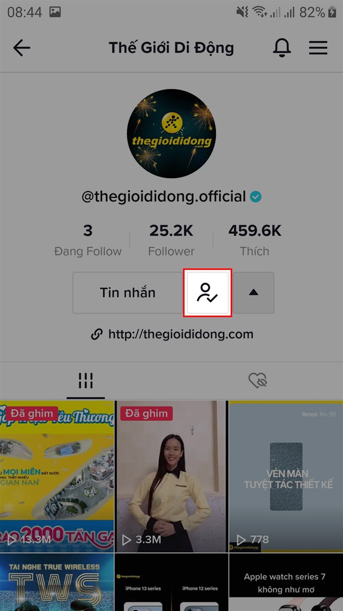 Nhấn vào biểu tượng bên phải mục Tin nhắn để hủy follow trên TikTok