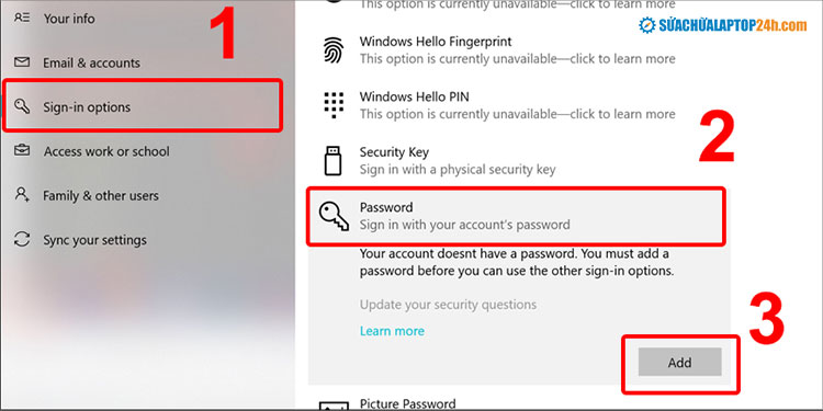 Nhấn Add để bắt đầu đặt mật khẩu máy tính win 10