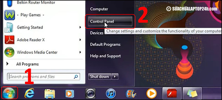 Truy cập Control Panel trên laptop Windows 7