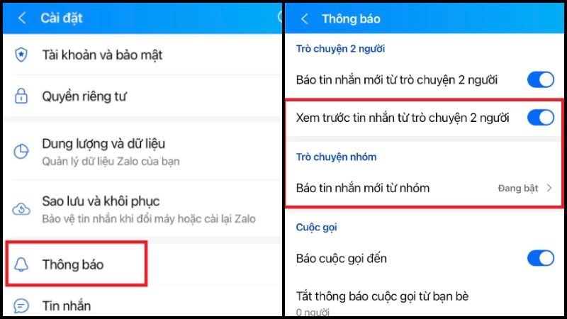 Chọn mục Thông báo và bật tính năng Xem trước tin nhắn