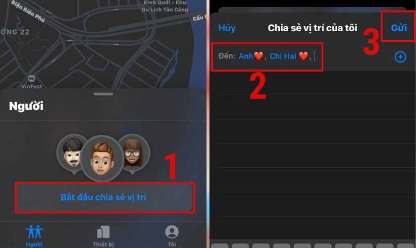 Chọn người cần chia sẻ vị trí định vị