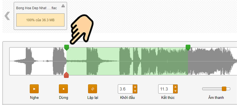Di chuyển 2 thanh trượt ở 2 đầu vào vị trí đoạn âm thanh muốn cắt