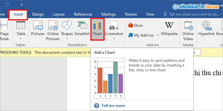 Nhấn chọn Chart để chèn biểu đồ trong Word