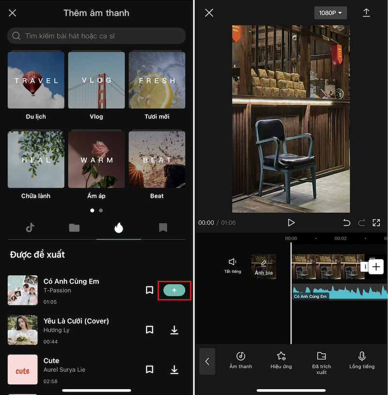 Dùng âm thanh được đề xuất để ghép nhạc vào Capcut