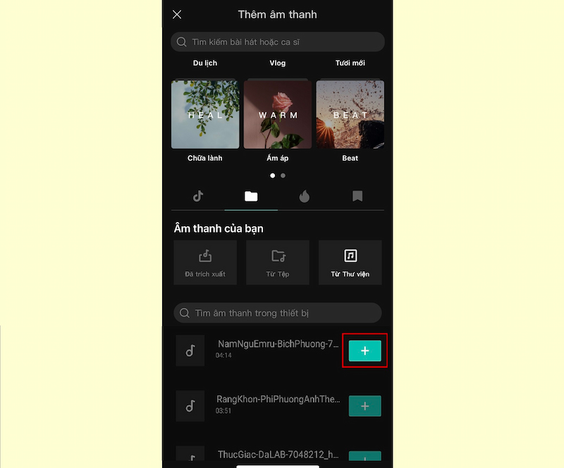 Chèn nhạc vào Capcut từ thư viện âm thanh trên điện thoại