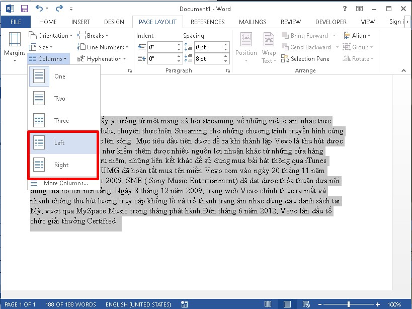 Cách chia 2 cột trong Word không đều nhau bằng page layout 1