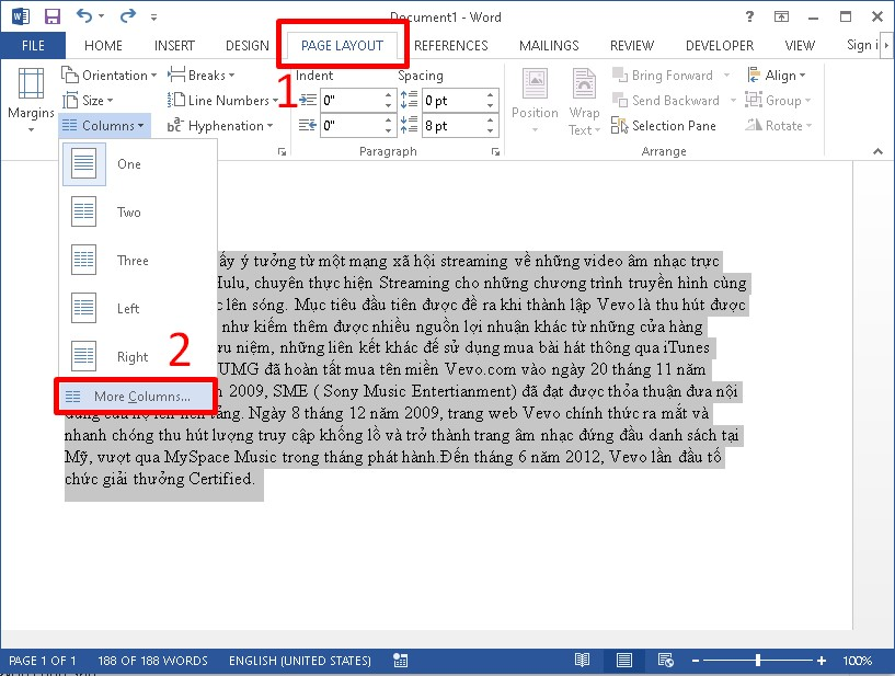 Cách chia nhiều cột trong Word bằng page layout 1