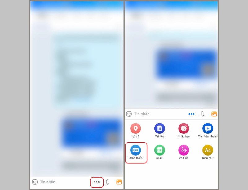 Chọn mục biểu tượng danh thiếp trên khung chat Zalo
