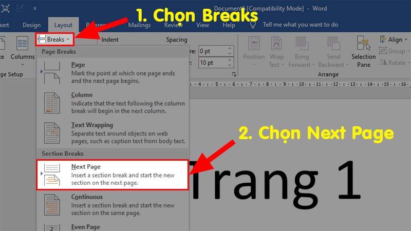 Đi đến mục Page Setup > Nhấp vào Break > Chọn Next Page