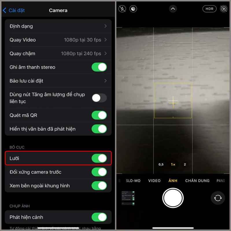 cách bật khung lưới camera iPhone
