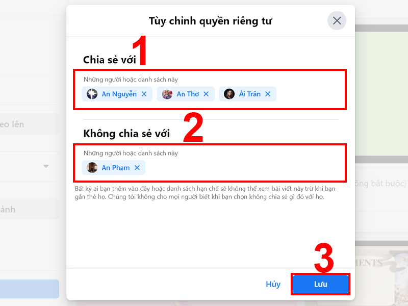 Nhập tên người muốn chia sẻ, tên người muốn ẩn bài viết sau đó nhấn Lưu