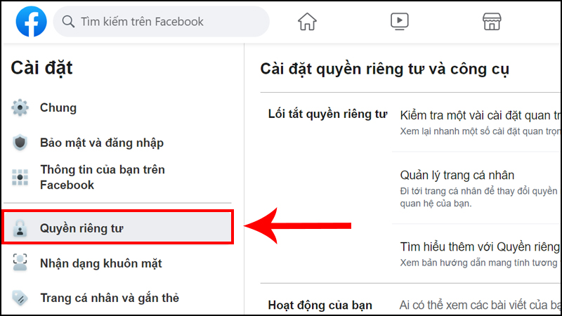 Nhấn chọn Quyền riêng tư