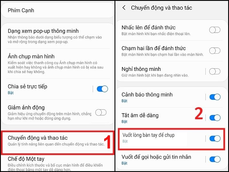 Nhấn trượt để chọn “Vuốt lòng bàn tay để chụp”