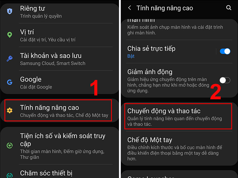Chọn mục Chuyển động và Thao tác