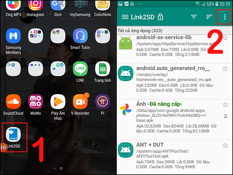 Mở Link2SD, chọn dấu 3 chấm góc phải trên cùng