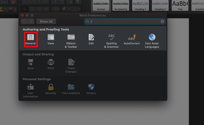 Hộp thoại Word Preferences hiện ra > Ở phần Authoring and Proofing Tools chọn General.
