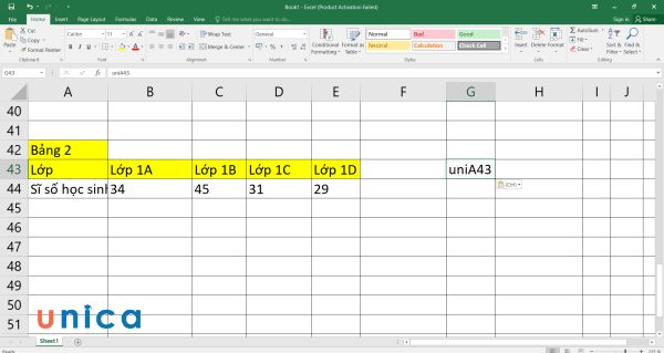Nhập chữ uniA43 vào ô G43