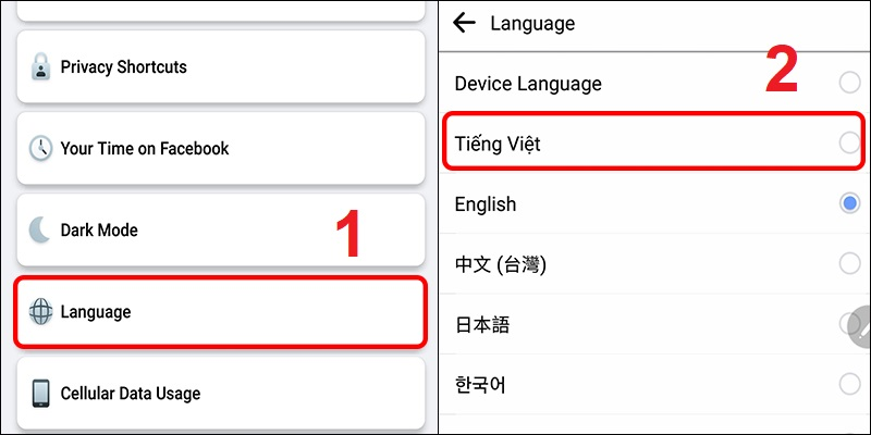Chọn ngôn ngữ tiếng Việt cho Facebook