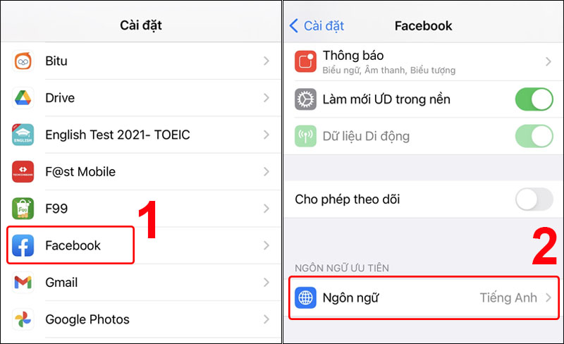 Nhấn chọn mục Ngôn ngữ của ứng dụng Facebook