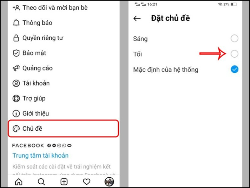 Nhấn vào tùy chọn Chủ đề và chuyển sang Chế độ tối