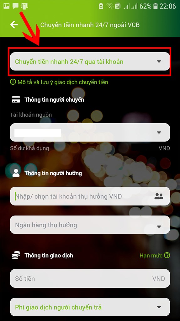 Chọn Chuyển tiền nhanh 24/7 ngoài Vietcombank.