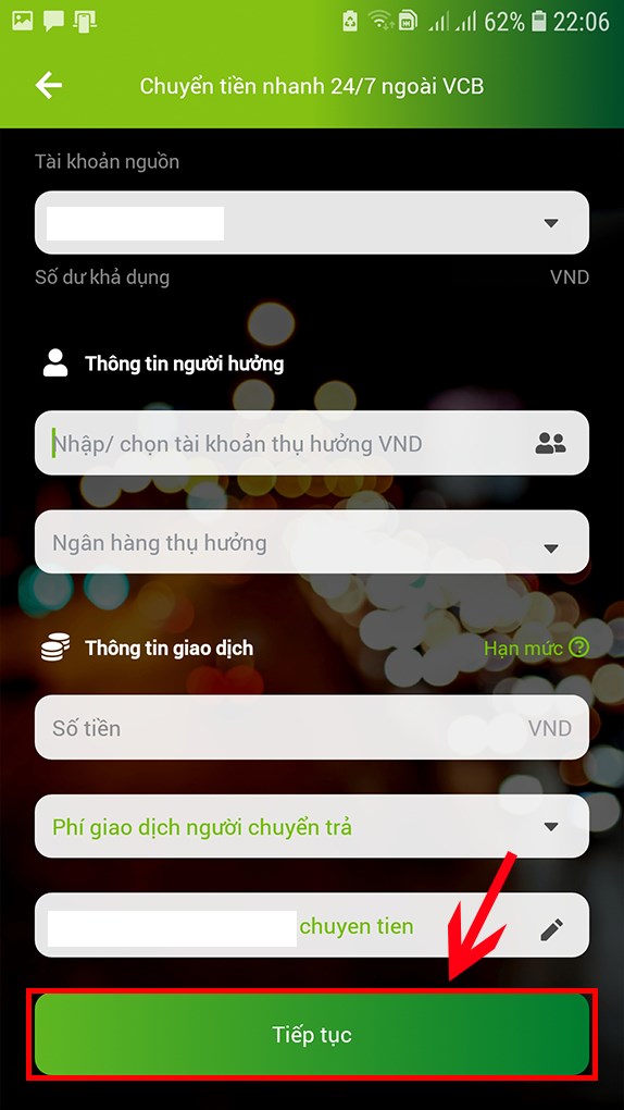 Chọn Chuyển tiền nhanh 24/7 ngoài Vietcombank.