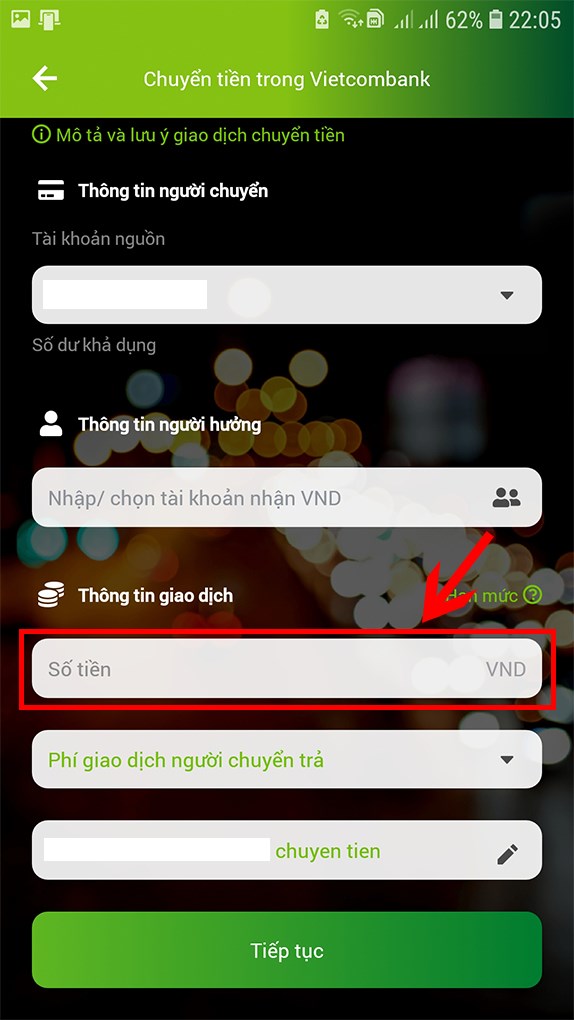 Nhập Số tiền cần chuyển.