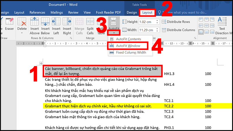 Chọn lệnh AutoFit và chọn AutoFit Window