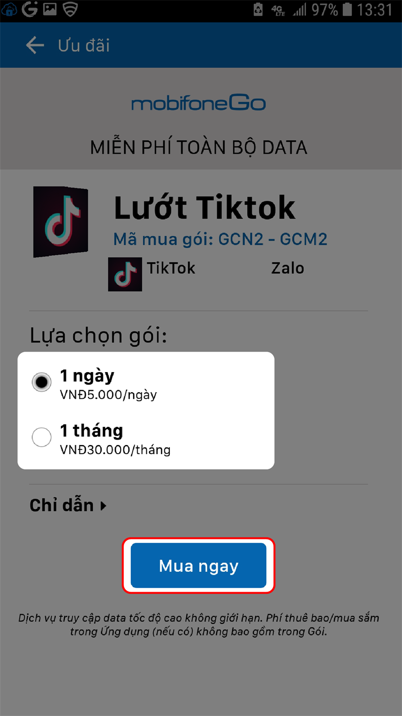 Mua gói dữ liệu trong mobifoneGo