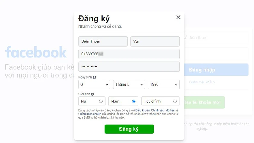 tạo tài khoản facebook bằng số điện thoại trên máy tính