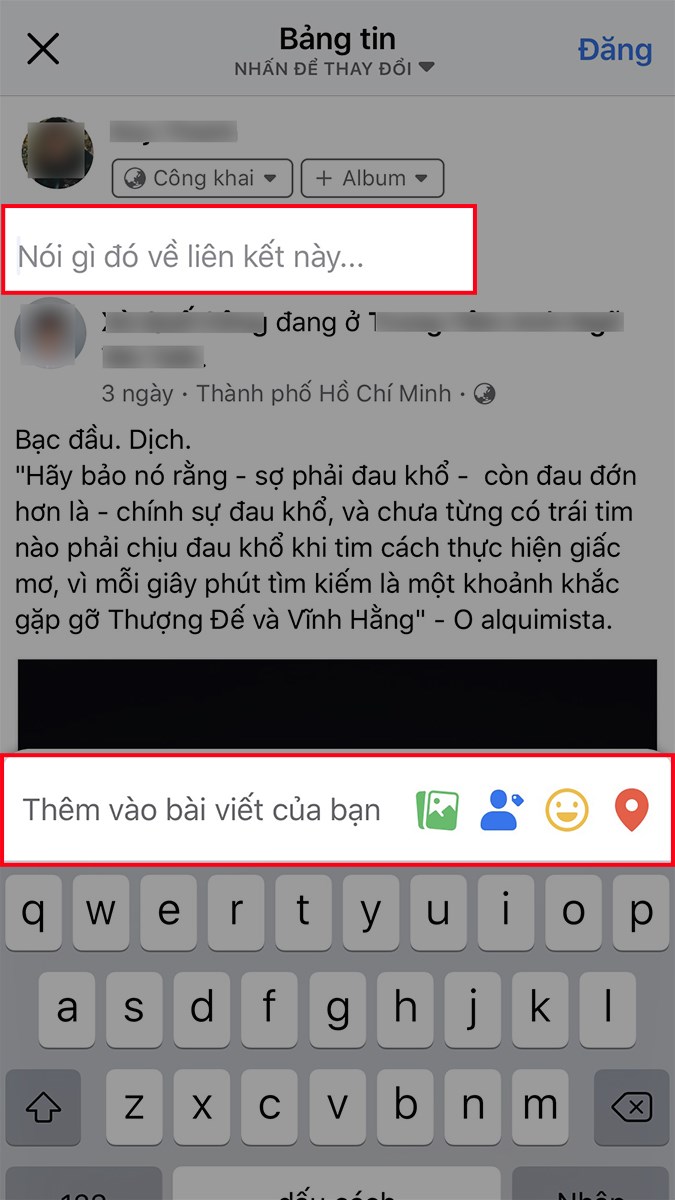 Viết cảm nghĩ về bài viết mà bạn chia sẻ ở mục Nói gì đó về liên kết này và gắn thẻ bạn bè, thêm cảm xúc, vị trí ở mục Thêm vào bài viết của bạn