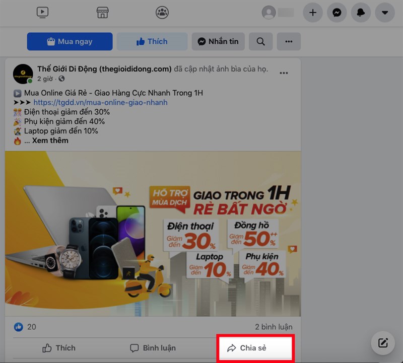 Mở Facebook trên máy tính, chọn bài viết mà bạn muốn chia sẻ > Nhấn vào biểu tượng chia sẻ ở góc dưới bên phải bài viết
