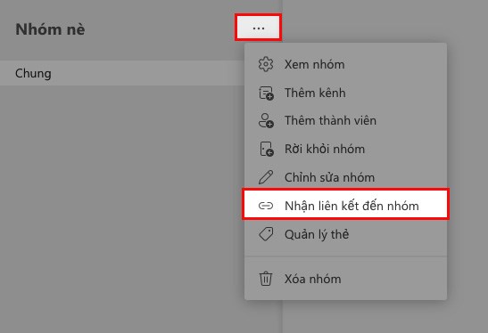 Nhấn vào biểu tượng 3 dấu chấm ở bên phải tên phòng họp > Chọn Nhận liên kết đến nhóm