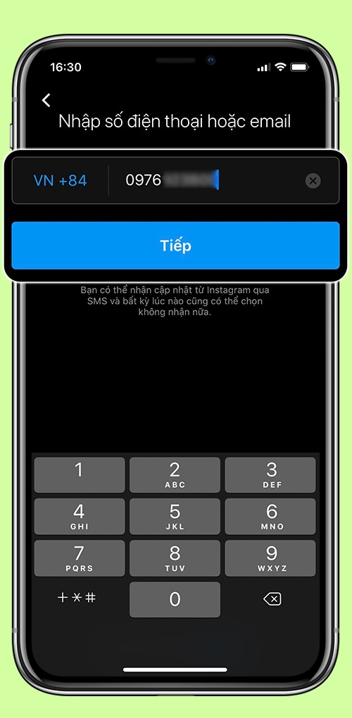 Điền số điện thoại để tiếp tục.