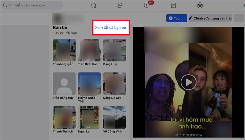 Kéo xuống mục Bạn bè, chọn Xem tất cả bạn bè