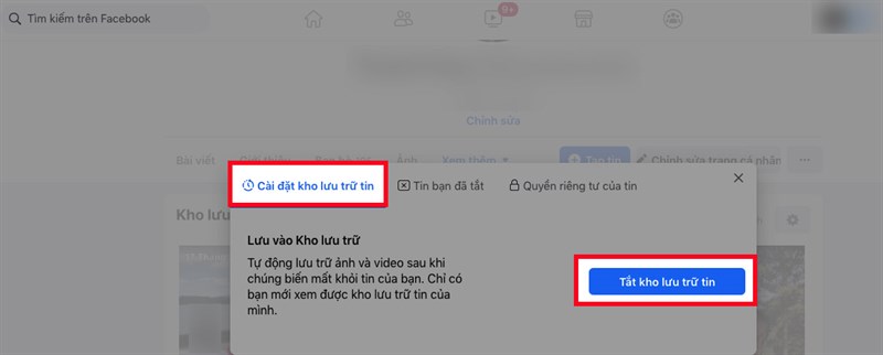 Tại mục Cài đặt kho lưu trữ tin, chọn Bật/Tắt kho lưu trữ tin để bật hoặc tắt kho lưu trữ tin