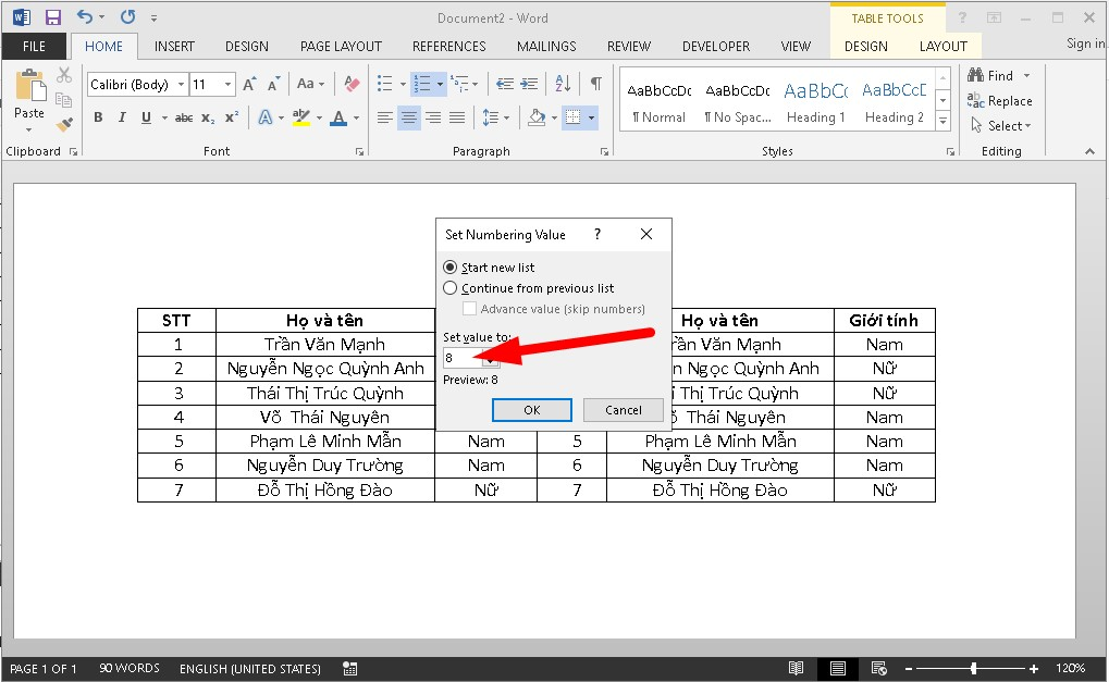 Đánh số thứ tự trong Word nối tiếp ở 2 cột 4