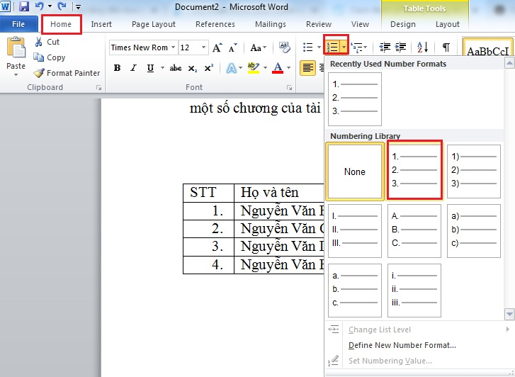 Cách đánh số thứ tự đầu dòng trong Word 2010 1