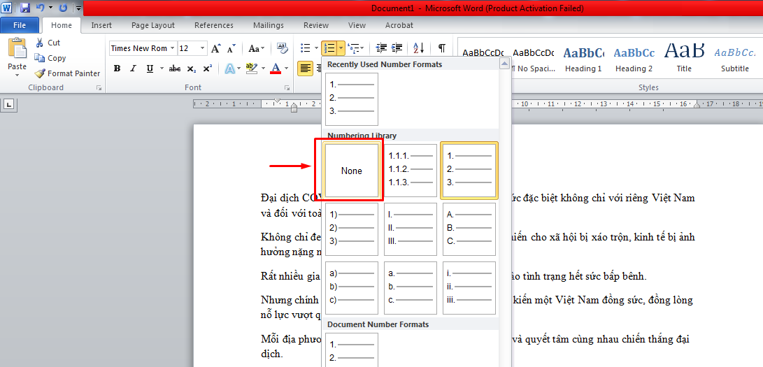 Cách bỏ đánh số thứ tự trong Word 3