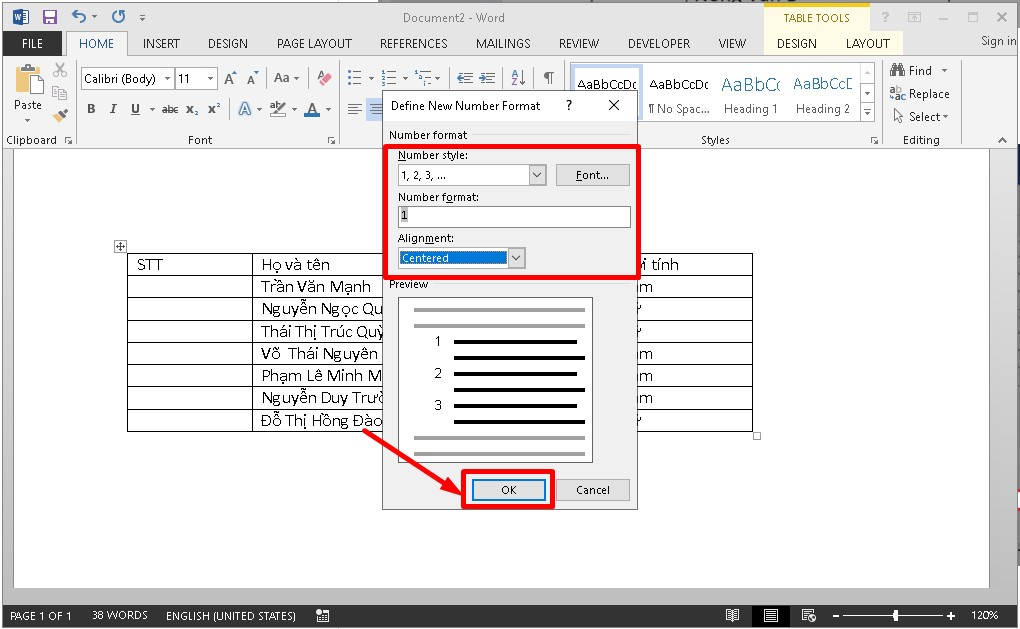 Cách đánh số thứ tự trong Word trên cùng 1 cột 3
